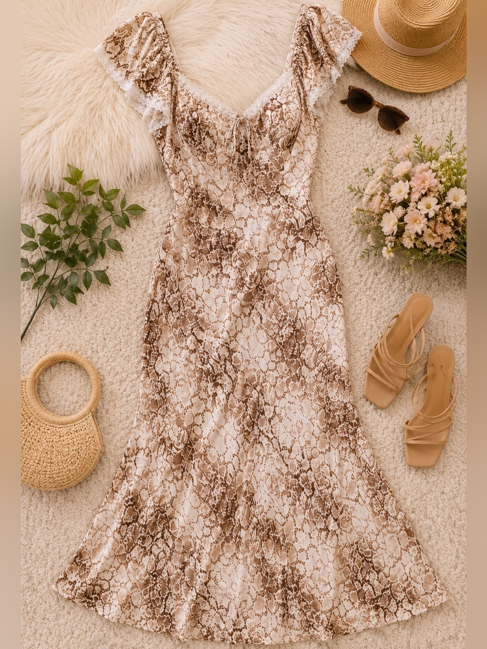 WAYF Brown Snake Print Lace Trim Maxi Dress Cottagecore Coquette S NWT